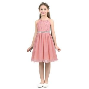 Kids Girls Sleeveless Shiny Princess Floral Lace W